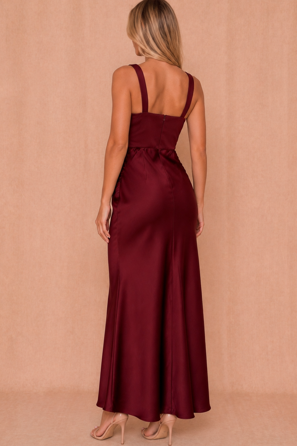 Justine Burgundy Satin Ruched Panel Maxi Dress