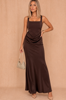 Justine Chocolate Satin Ruched Panel Maxi Dress