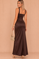 Justine Chocolate Satin Ruched Panel Maxi Dress