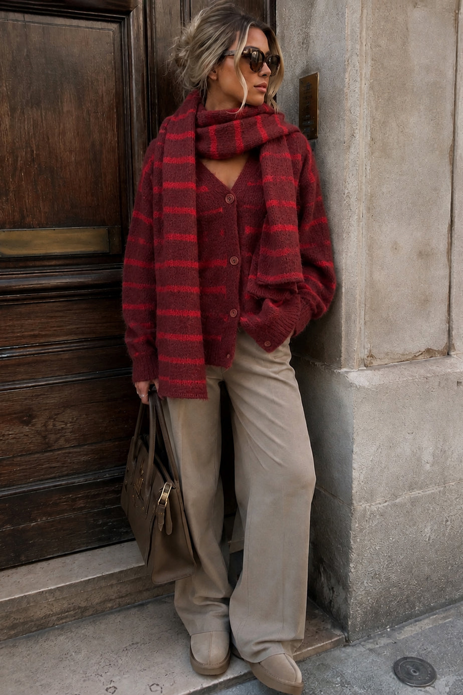 Kade Burgundy Knit Striped Scarf Cardigan Set
