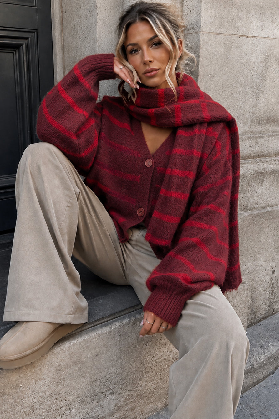 Kade Burgundy Knit Striped Scarf Cardigan Set