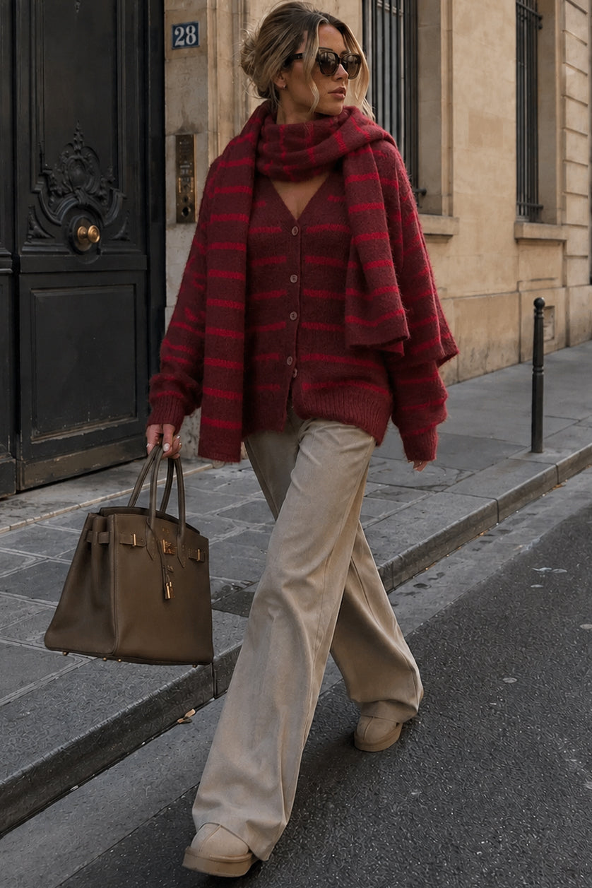 Kade Burgundy Knit Striped Scarf Cardigan Set