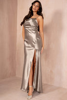 Kalina Taupe Satin Maxi Dress