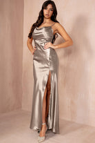 Kalina Taupe Satin Maxi Dress