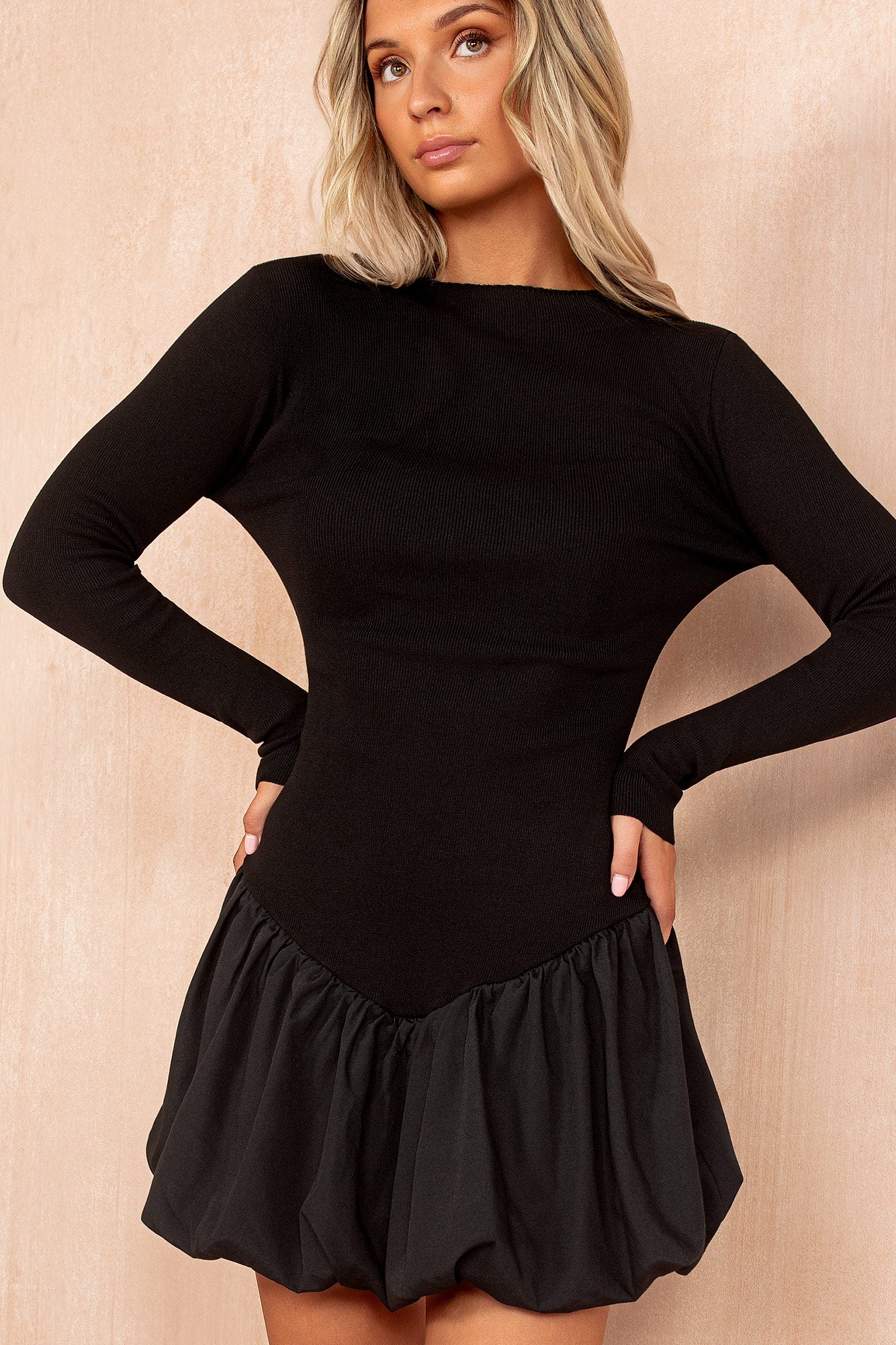 Kaliyah Black Rib Knit Puffball Dress
