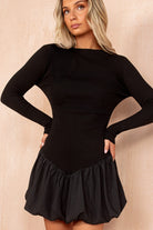 Kaliyah Black Rib Knit Puffball Dress