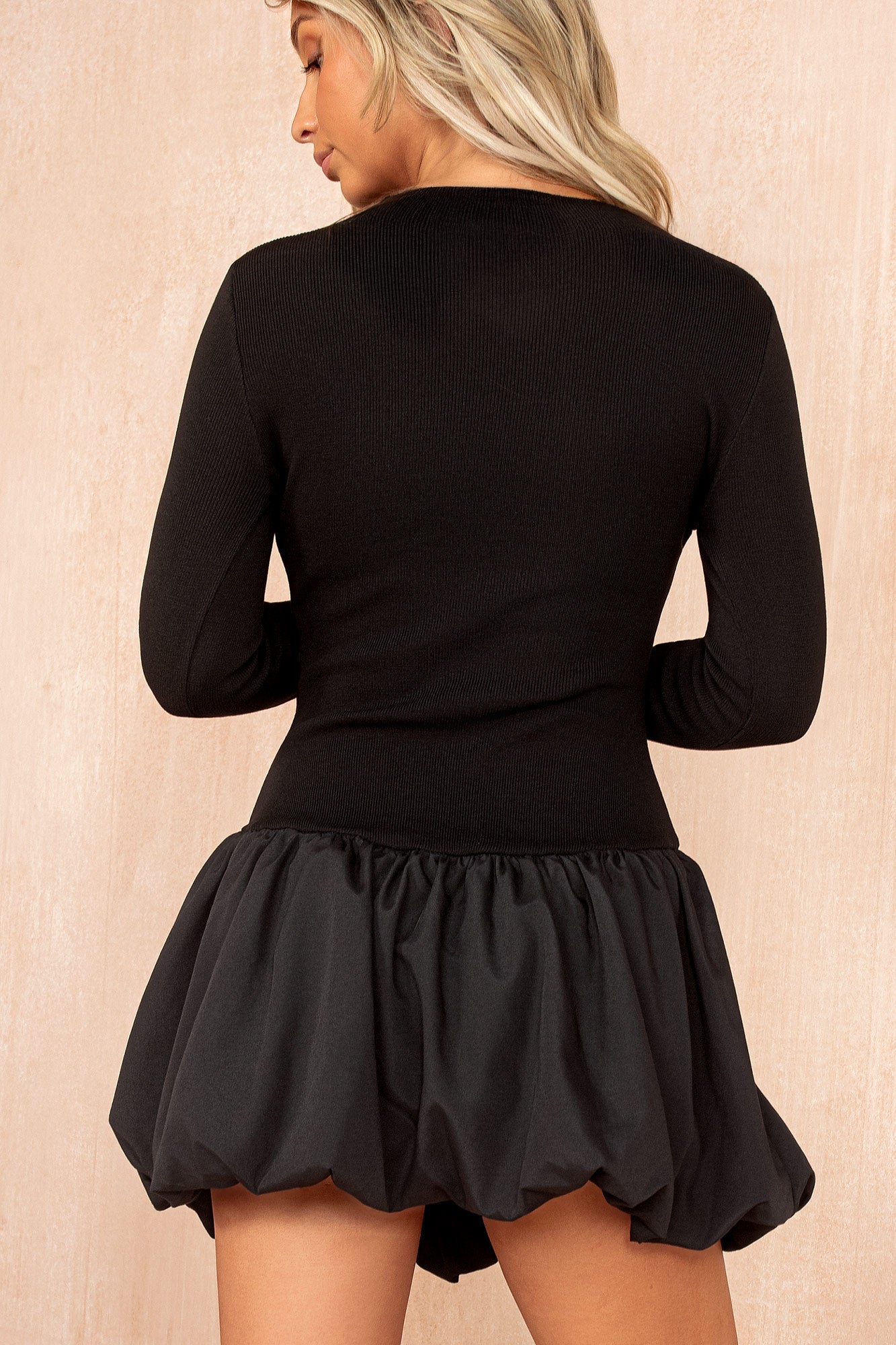 Kaliyah Black Rib Knit Puffball Dress
