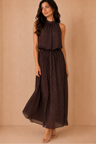 Kamala Chocolate Chiffon Polka Dot Maxi Dress