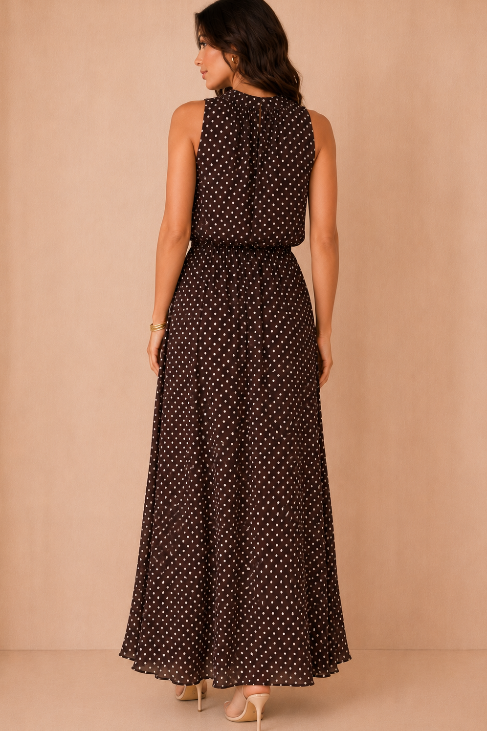 Kamala Chocolate Chiffon Polka Dot Maxi Dress