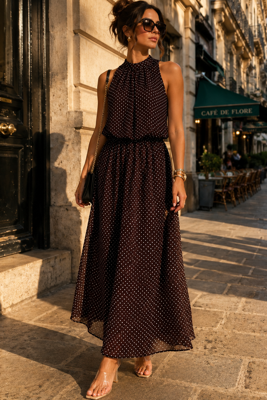 Kamala Chocolate Chiffon Polka Dot Maxi Dress