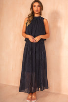 Kamala Navy Chiffon Polka Dot Maxi Dress