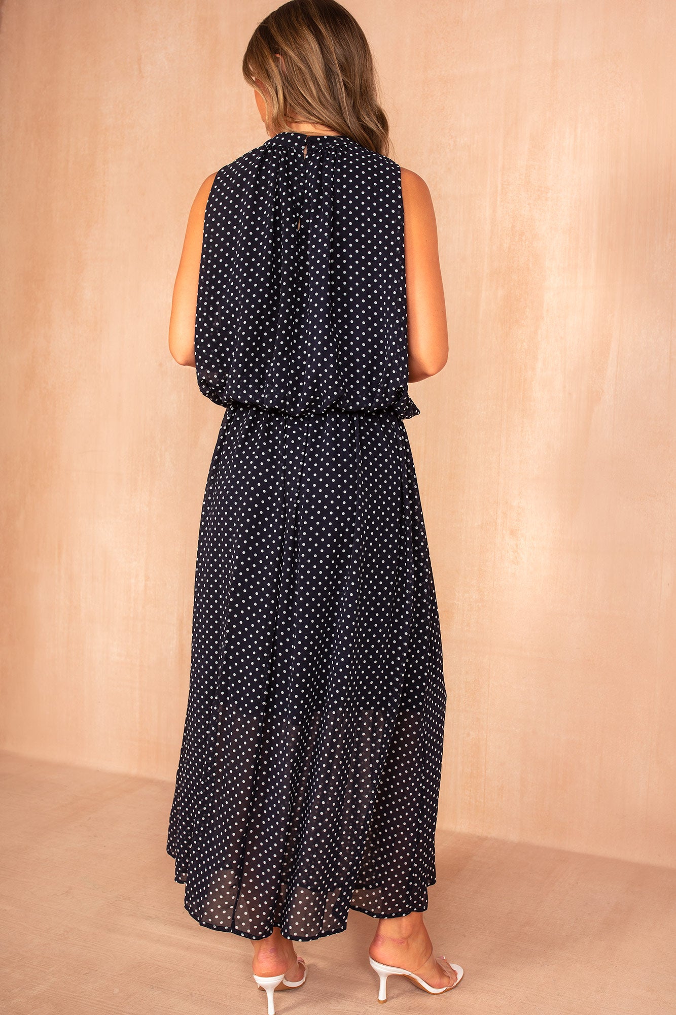 Kamala Navy Chiffon Polka Dot Maxi Dress