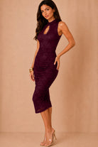 Kara Plum Lace High Neck Keyhole Ruched Midi Dress