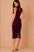 Kara Plum Lace High Neck Keyhole Ruched Midi Dress