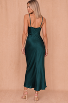 Karen Teal Satin Cowl Neck Ruched Dress