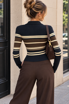 Kasey Navy & Chocolate Ribbed Knit Striped Top