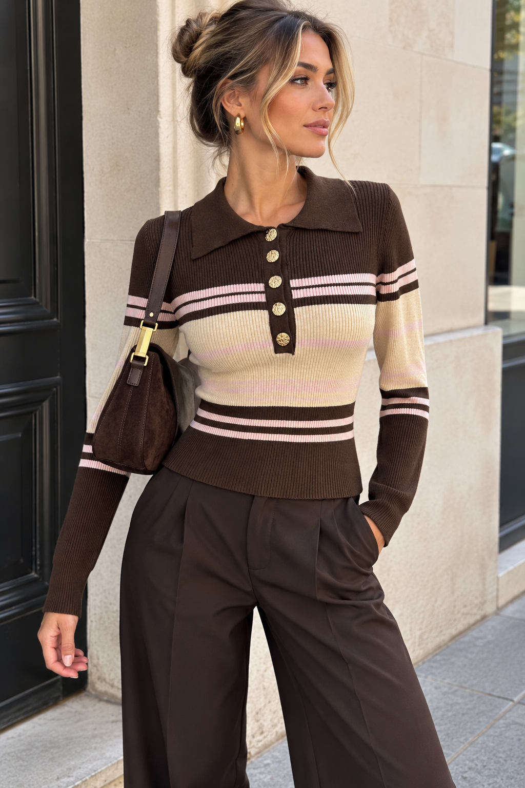 Kasey Pink & Chocolate Ribbed Knit Striped Top