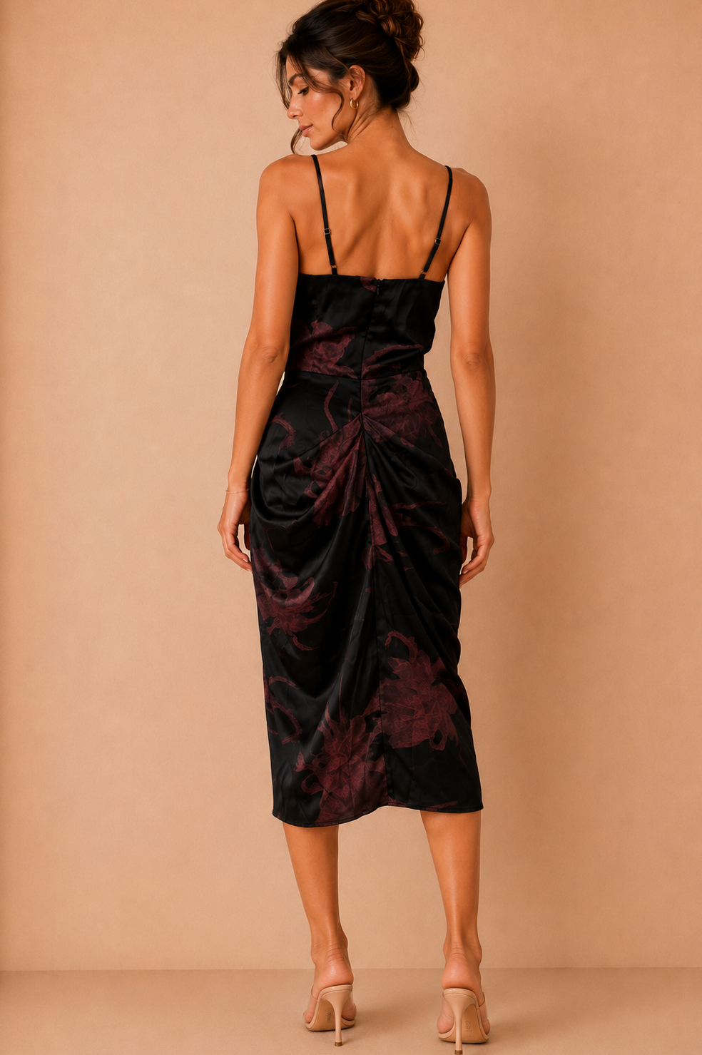 Kathleen Black Floral Strappy Cowl Neck Midi Dress