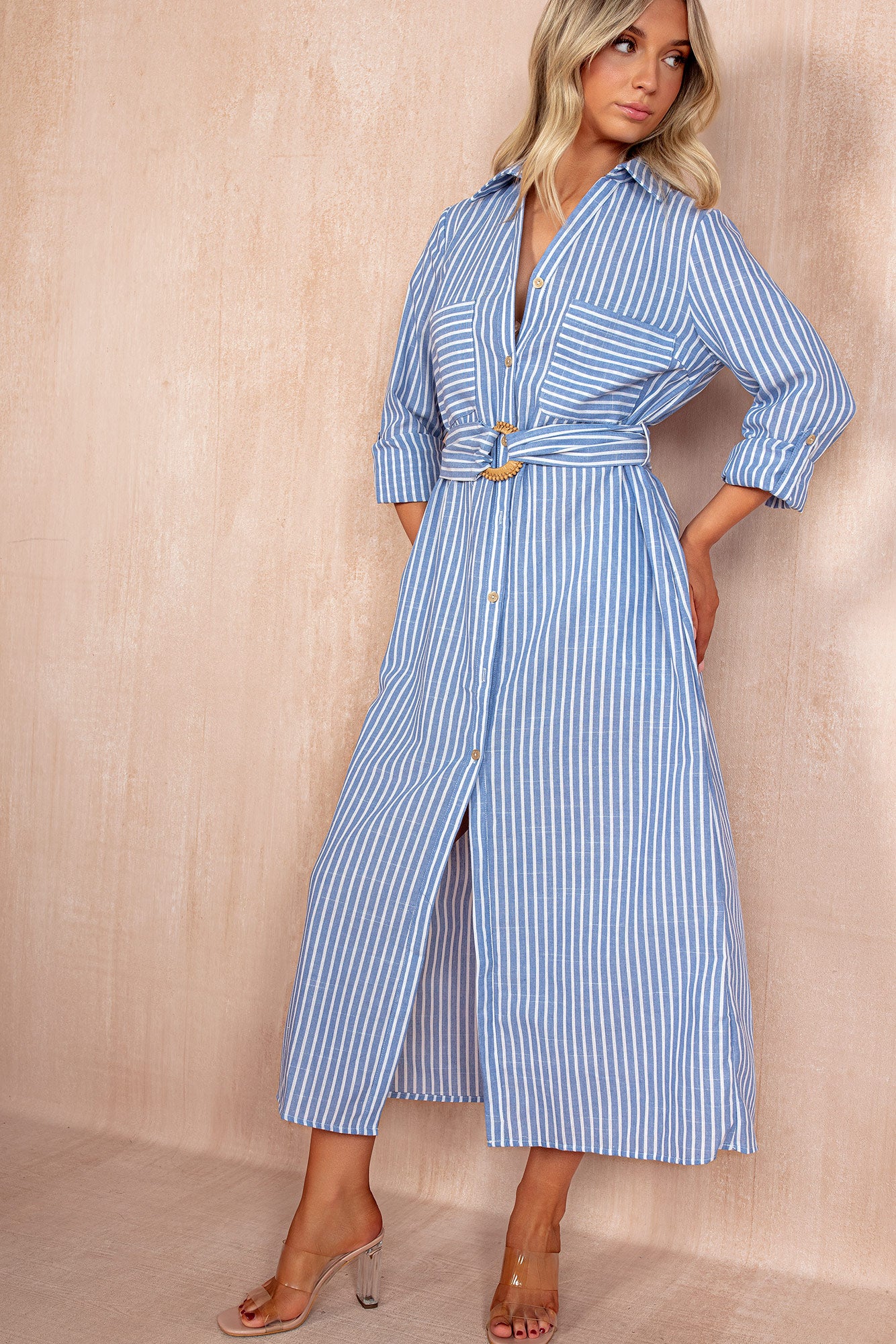Keeva Blue Stripe Belted Shirt Dress