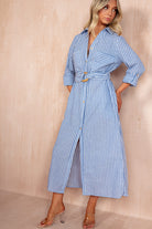 Keeva Blue Stripe Belted Shirt Dress