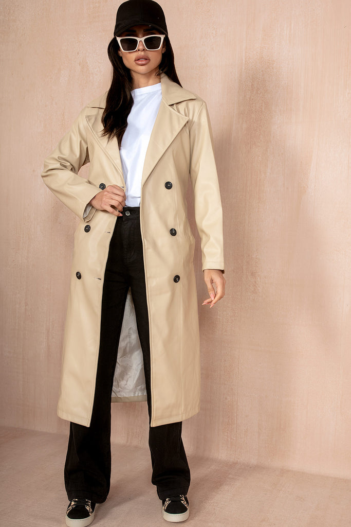 Kenya Cream Leather Look Trench Coat