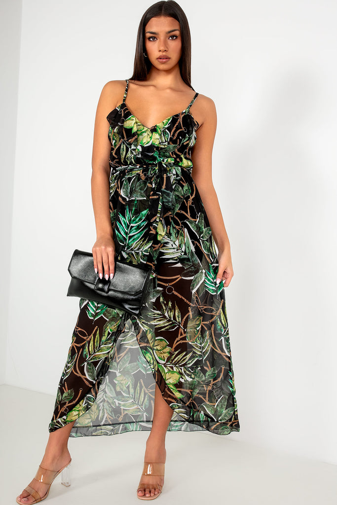 Kimberly Black Chiffon Leaf Print Dress