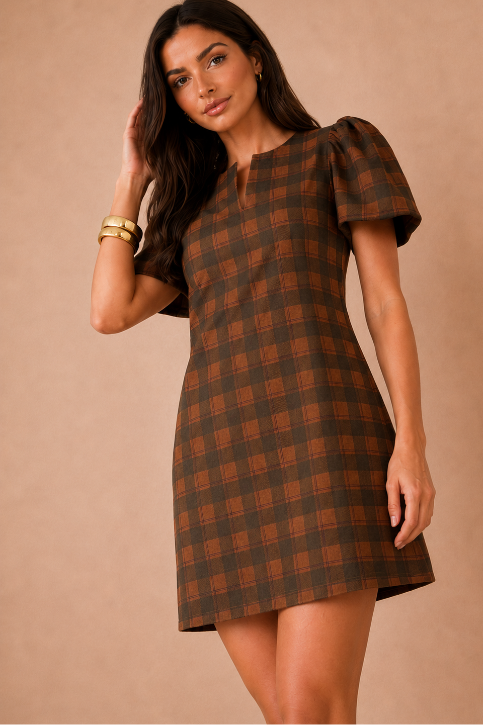 Kiri Khaki Check Puff Sleeve Dress