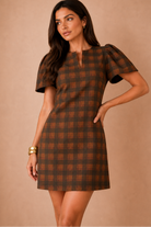 Kiri Khaki Check Puff Sleeve Dress