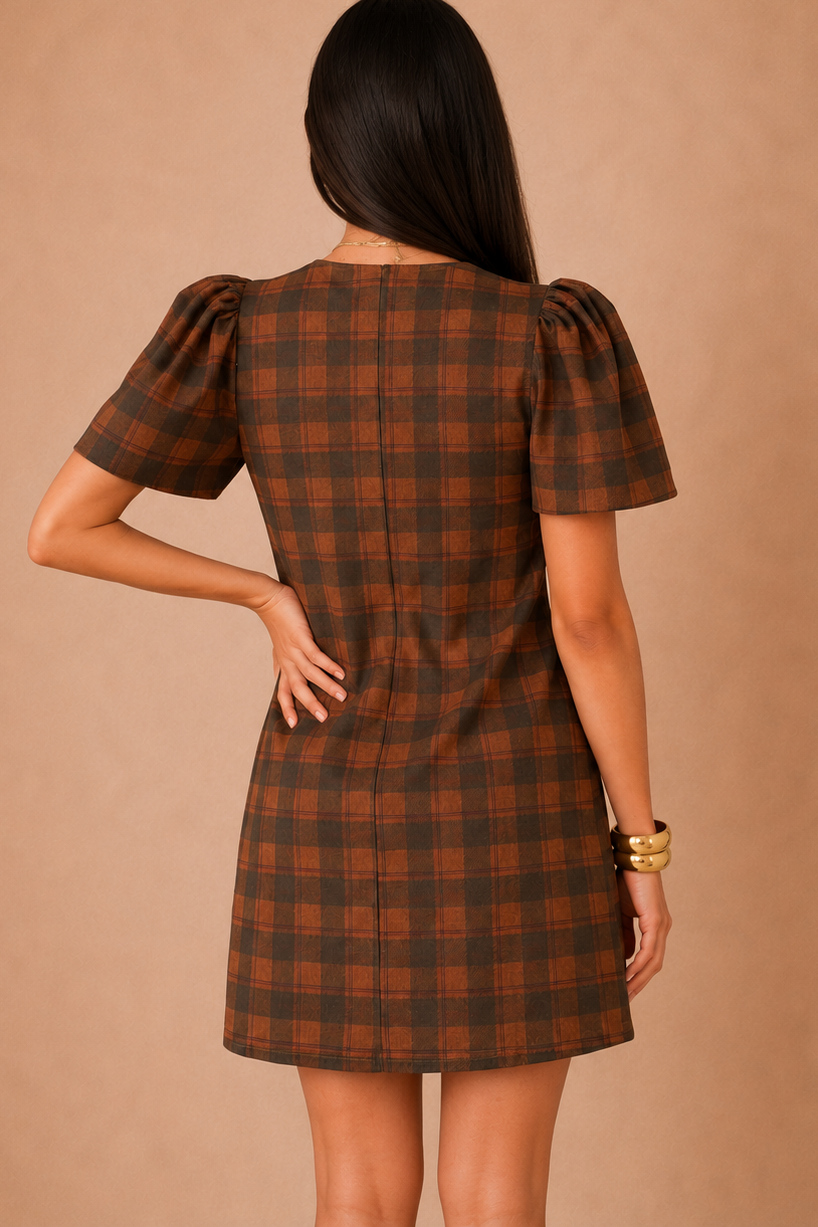 Kiri Khaki Check Puff Sleeve Dress