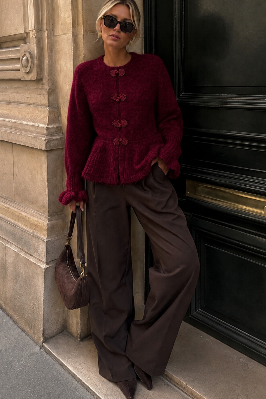 Kylan Wine Knit Peplum Top