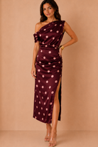 Lara Plum Polka Dot Draped Midi Dress