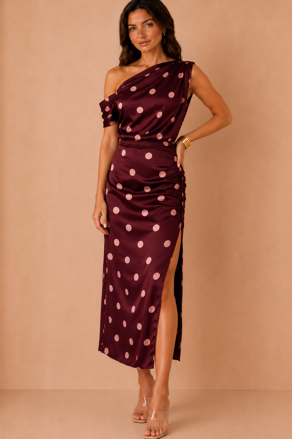 Lara Plum Polka Dot Draped Midi Dress