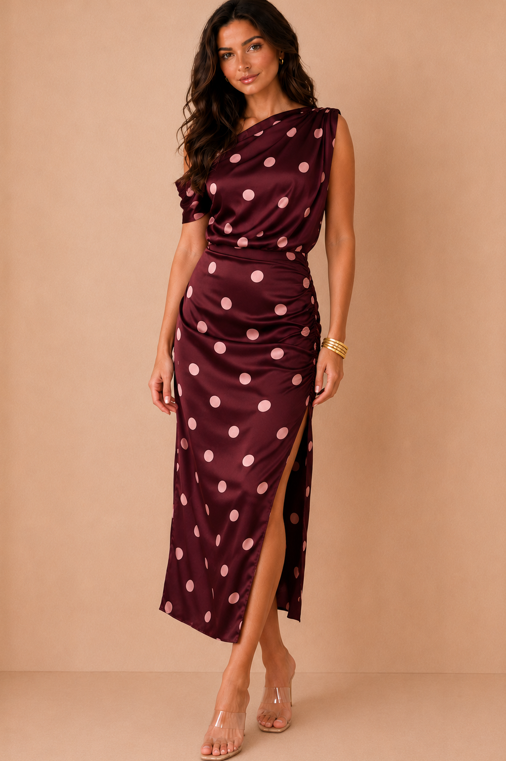 Lara Plum Polka Dot Draped Midi Dress