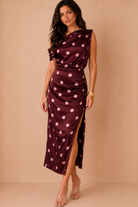 Lara Plum Polka Dot Draped Midi Dress