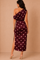Lara Plum Polka Dot Draped Midi Dress