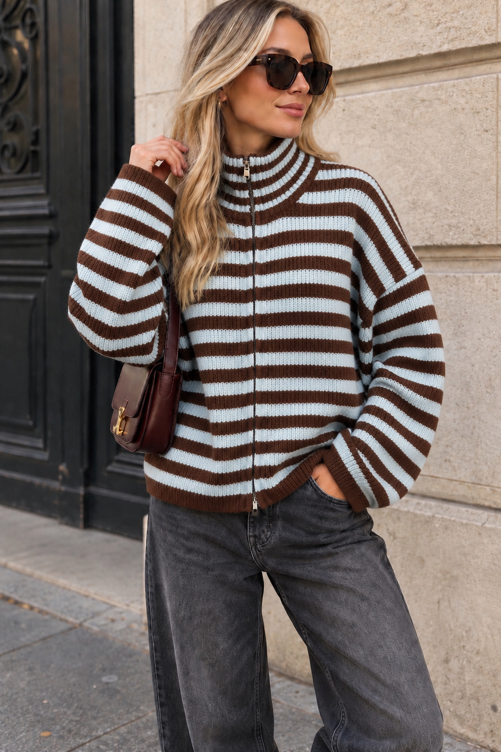 Laurel Blue and Chocolate Knit Striped Cardigan