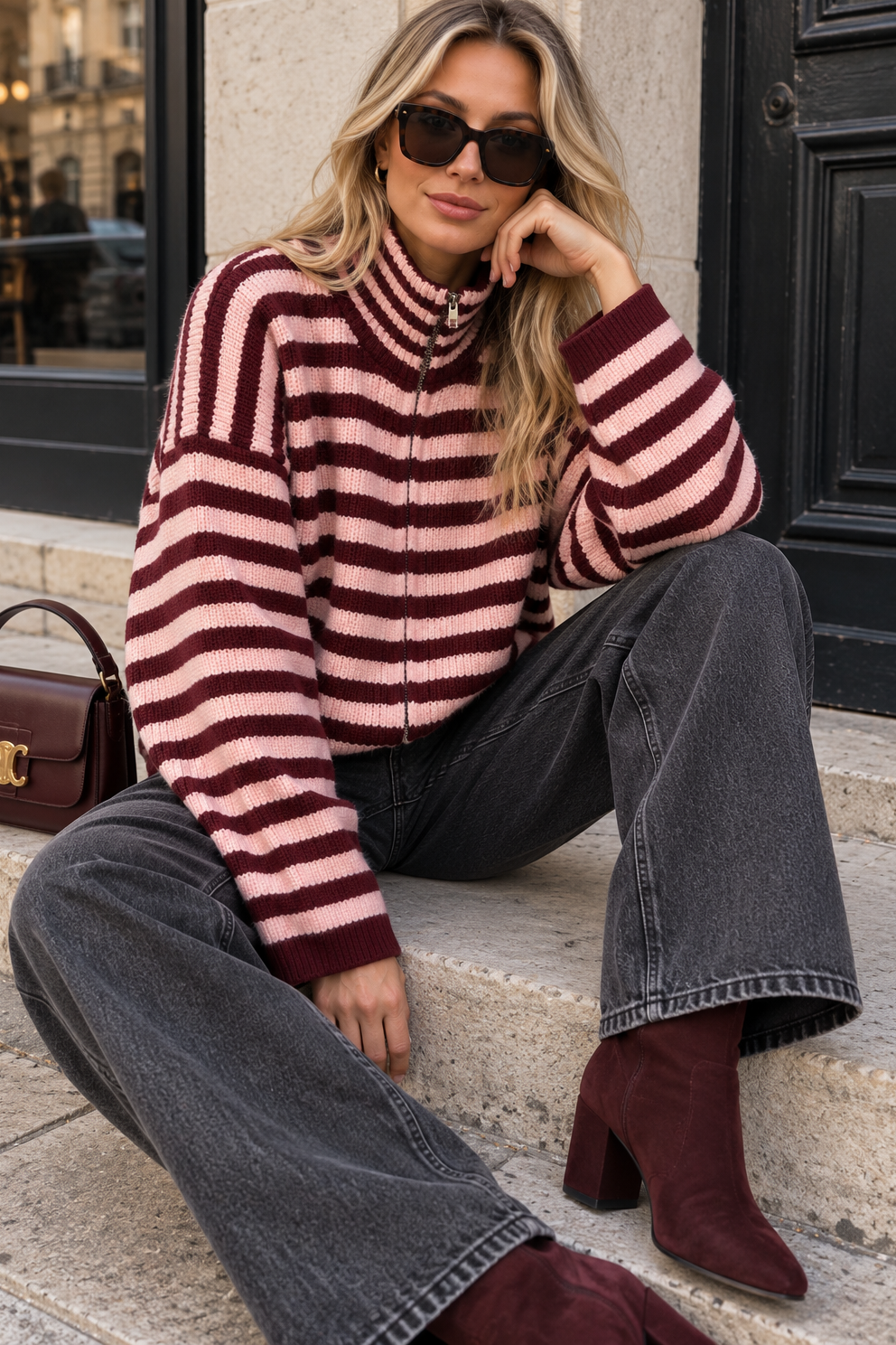 Laurel Burgundy and Pink Knit Striped Cardigan