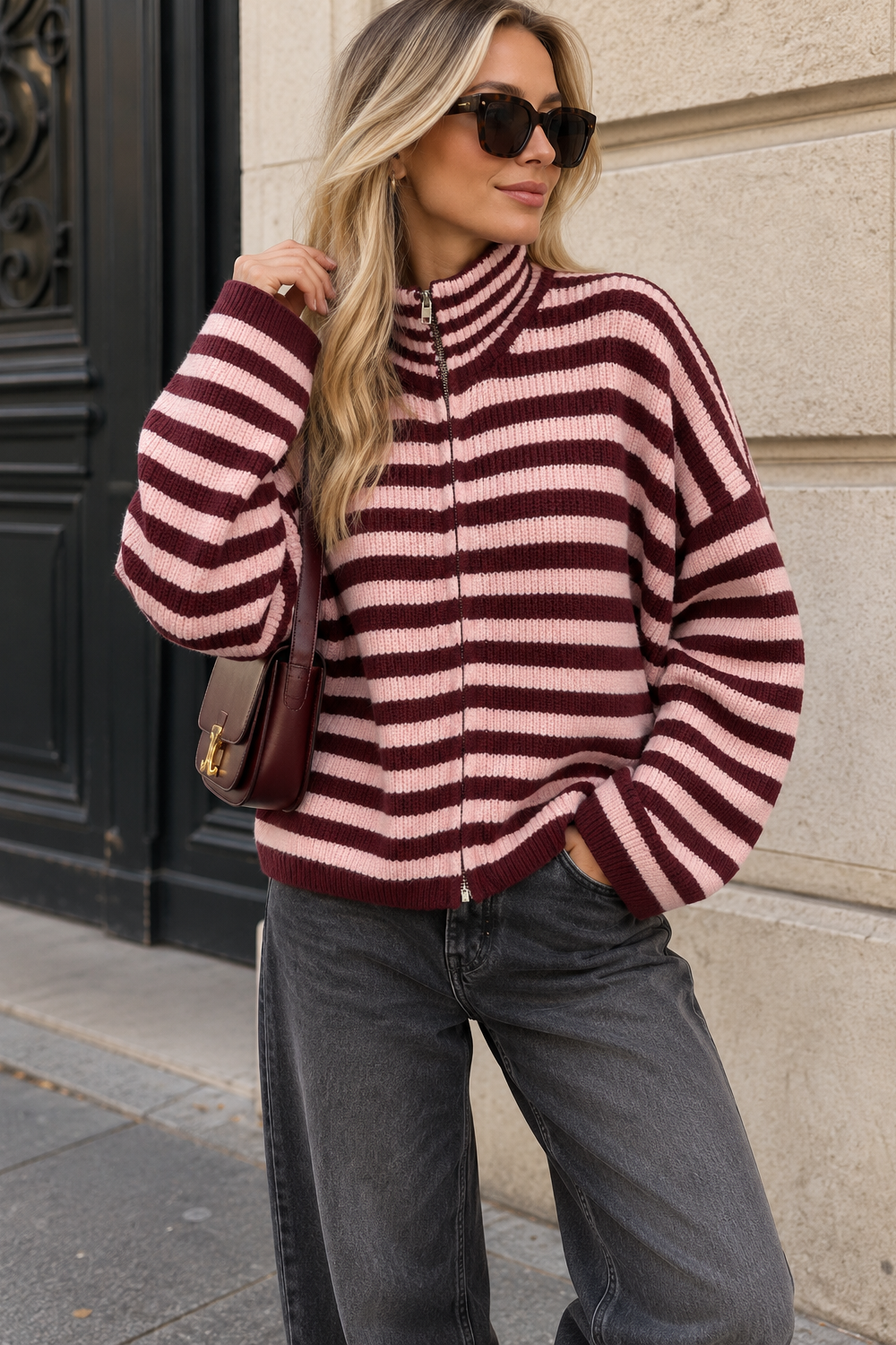 Laurel Burgundy and Pink Knit Striped Cardigan