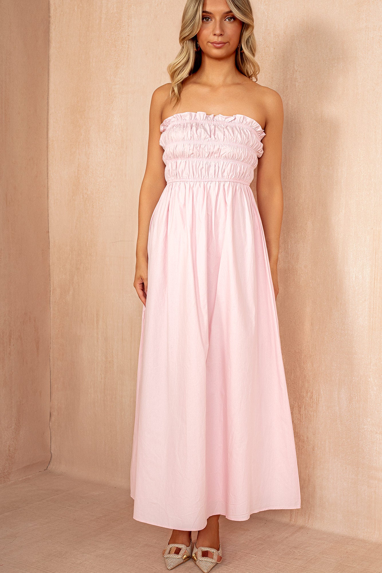 Lauren Pink Cotton Bandeau Midi Dress