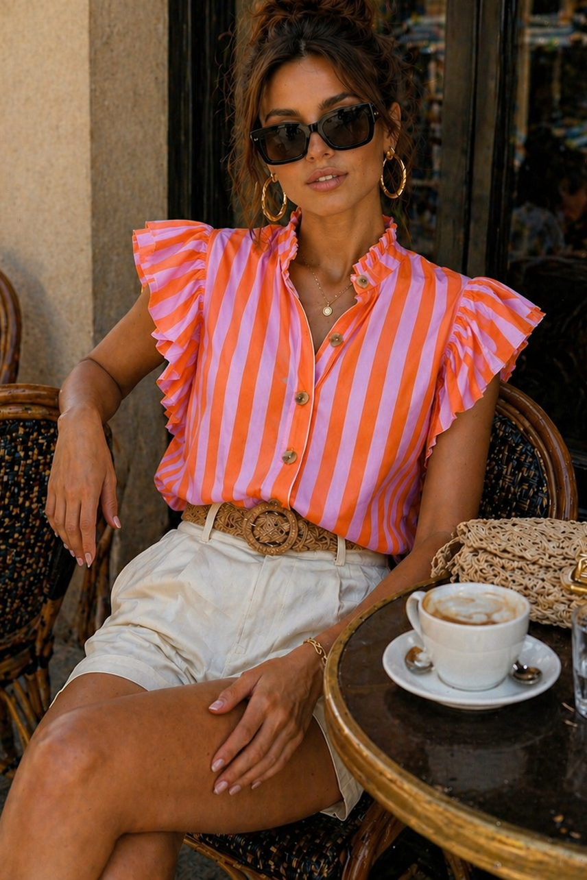 Laurie Orange and Pink Striped Frill Blouse