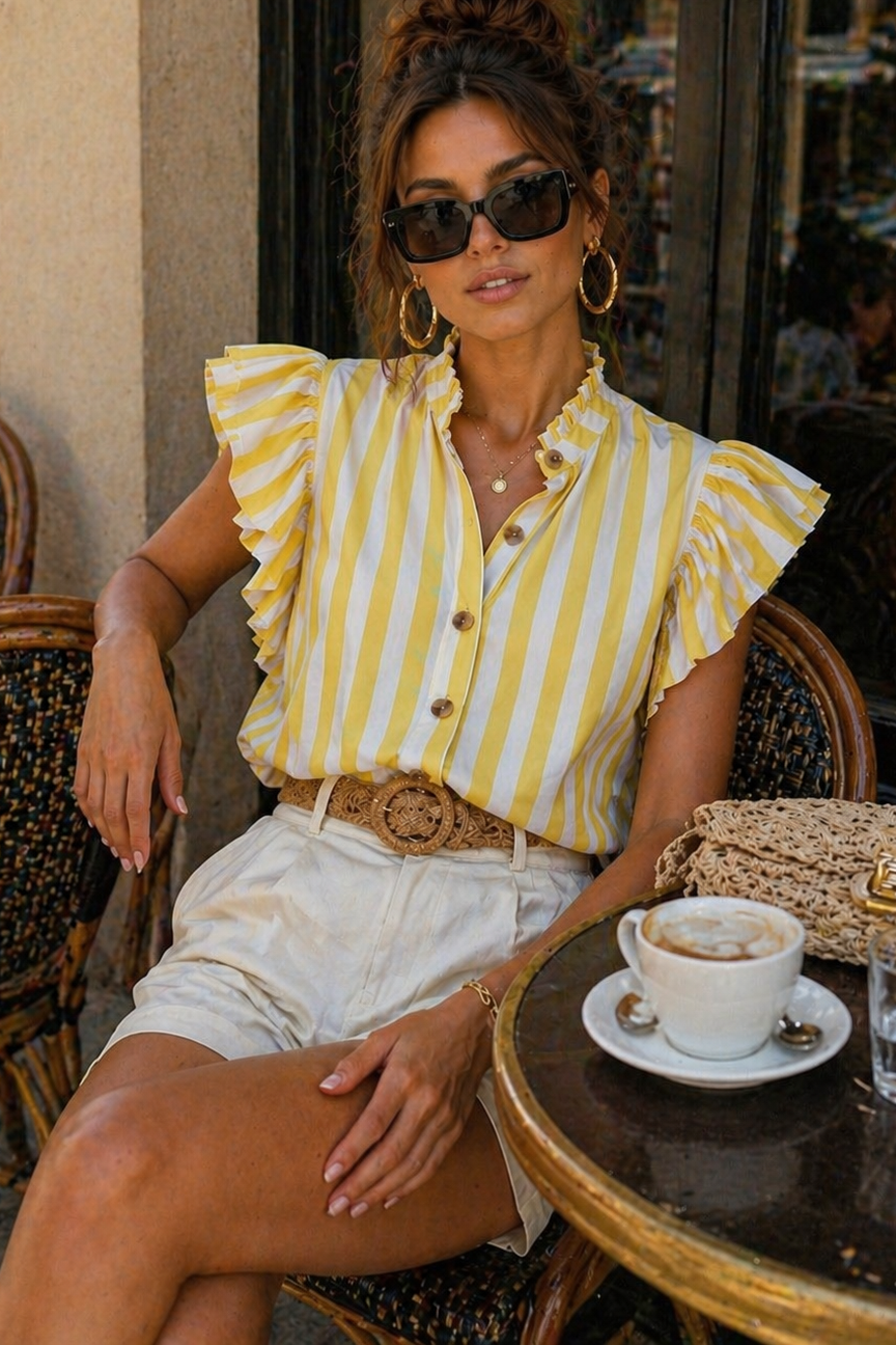 Laurie Soft Yellow Striped Frill Blouse
