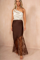 Leanna Chocolate Satin Lace Asymmetric Midi Skirt