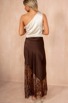 Leanna Chocolate Satin Lace Asymmetric Midi Skirt