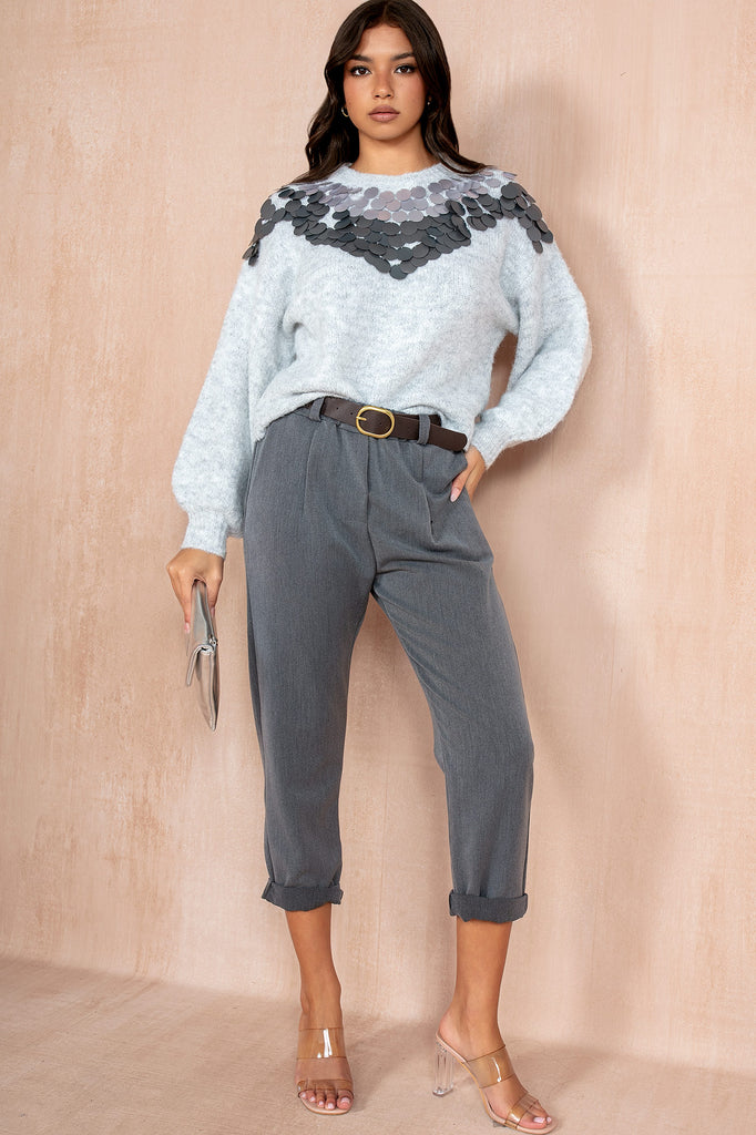 Leena Grey Belted Tapered Trousers