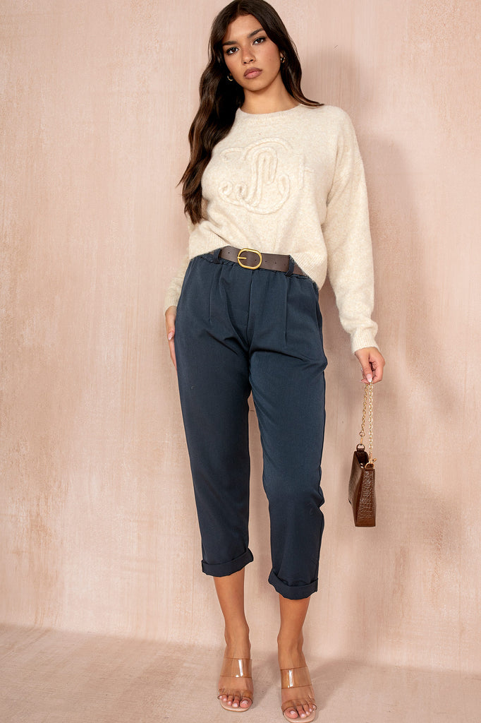 Leena Navy Belted Tapered Trousers