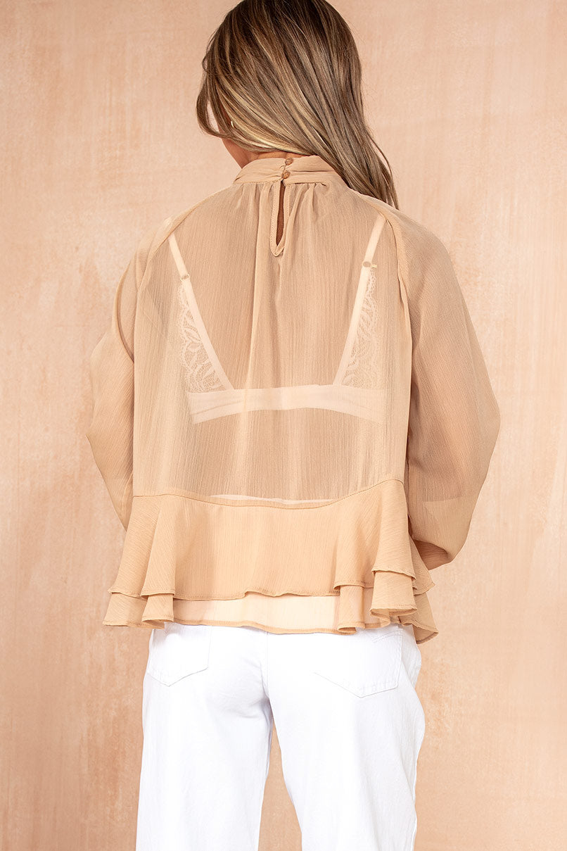 Leighton Toffee Chiffon Frill Top