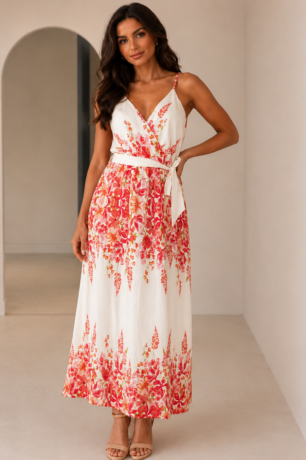 Leliana Cream and Pink Floral Belted Midi Dress