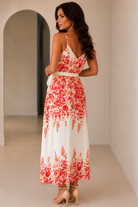 Leliana Cream and Pink Floral Belted Midi Dress