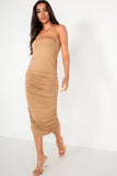 Leslie Camel Ruched Bandeau Dress