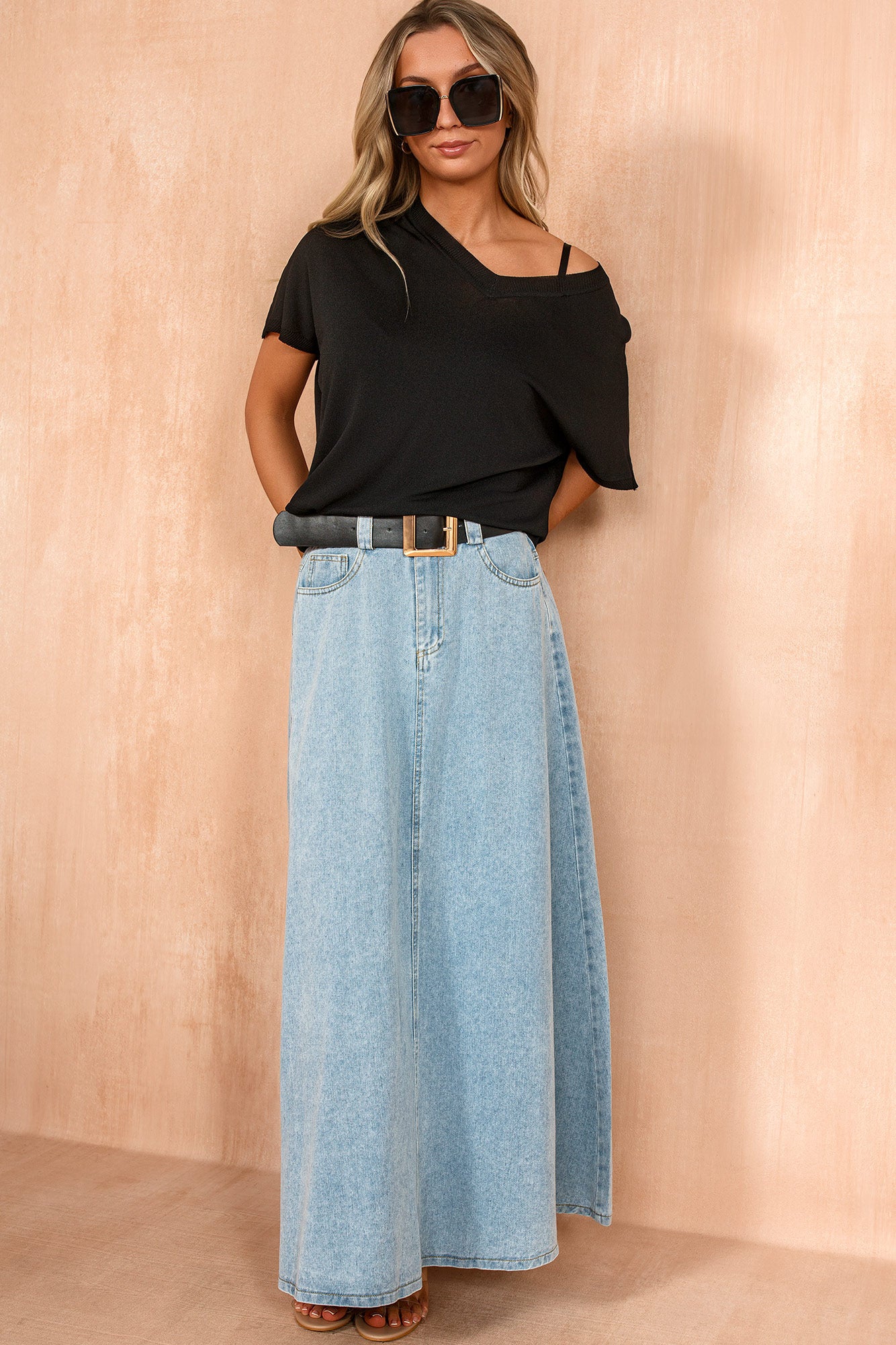 Liberty Light Blue Denim Belted Skirt